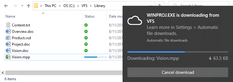 Large file download from the remote storage show progress reports in Windows File Manager and Files View