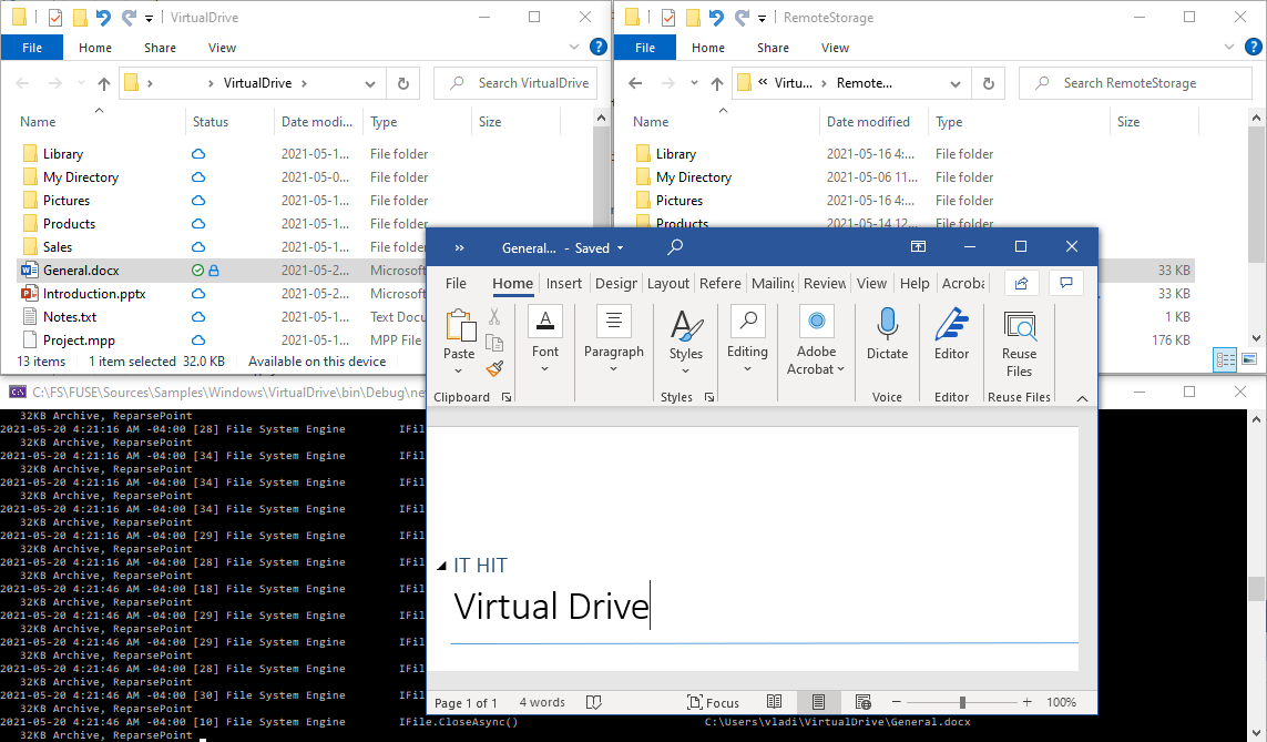 Virtual Drive sample shows lock icon for Microsoft Office documents