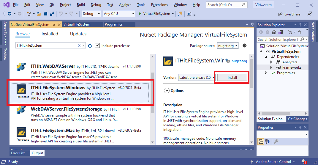 Adding ITHit.FileSystem.Windows Nuget reference.